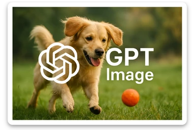 logo of chat gpt with text "GPT Image" on the background of a dog chasing ball, realistic image sticker
