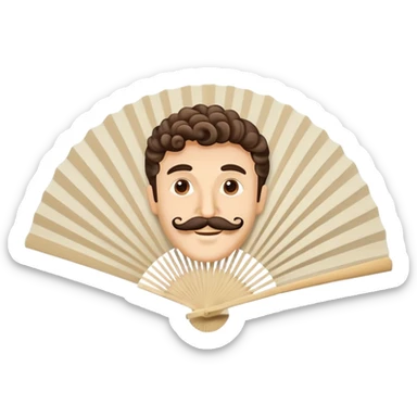 Paper hand fan with Italian man face with curly mustache printed on the fan surface sticker