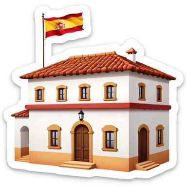 Traditional Spanish hacienda with white walls, terracotta roof, with Spanish flag (red-yellow-red horizontal stripes) hanging prominently from the front sticker