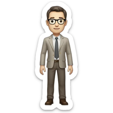 Full height Gesticulating Pale skinned fit man with dark brown hair in gray jacket, beige office shirt, brown tie, brown pants and vintage glasses. sticker