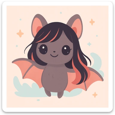 adorable female bat with long black and red hair, big eyes, whimsical style sticker