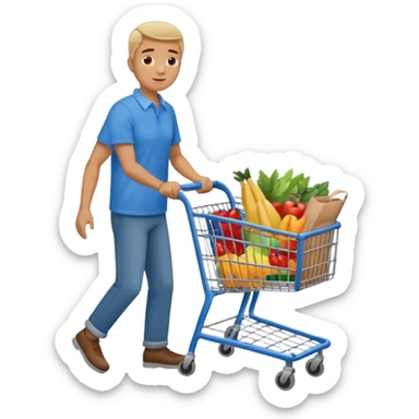 full body of a man pushing a shopping cart inside a supermarket sticker