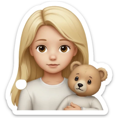 Blonde little girl, long hair, white long sleeve, with beige bear sticker