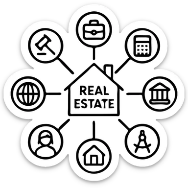 Ícono de real estate que refleje que nuestro equipo cuenta con una red de aliados de élite (abogados migratorios, brokers financieros, contadores, bancos, arquitectos, property managers y más) sticker
