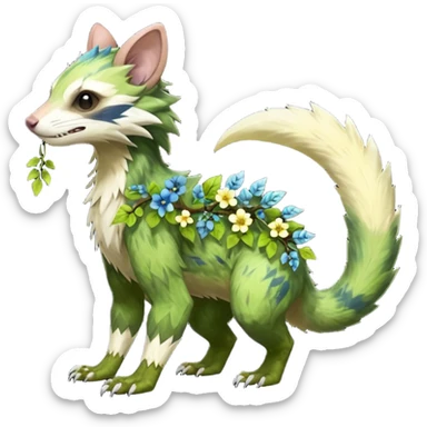 Realistic Sharp swampy realistic mossy grassy elemental ivy floral detailed Colorful translucent luminescent glowing Trico-Sergal-Furret-Ferret-Wolverine-Vernid-furry-fursona-fusion-Fakemon-animal-hybrid-creature, full body sticker