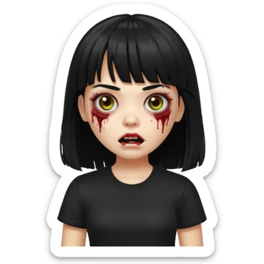 A zombie girl in Apple Memoji format with the longest, straight black hair with bangs, wearing a black shirt. sticker