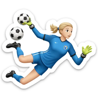make a girl goalie diving through the air sideways with one soccer ball in her hands  sticker