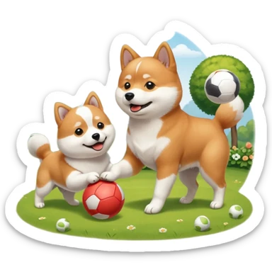 2 dogs, a ginger shiba inu and a small white dog breed coton de tulear, playing with a ball in a sunny garden sticker