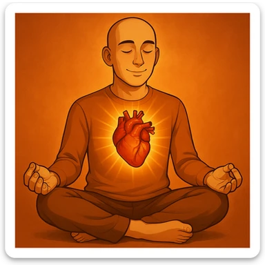 Person is meditating and his heart is glowing and shining, general style, with a real organ heart form, vibrant colors sticker