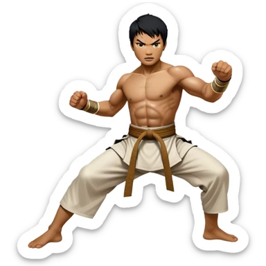 Tony Jaa – Cinematic Realistic Portrait of Tony Jaa, depicted as a dynamic martial arts warrior with intense eyes and a powerful stance in traditional Thai fighting attire, rendered in mid-motion with dramatic lighting and high-detail textures that capture his raw physicality and grace. sticker