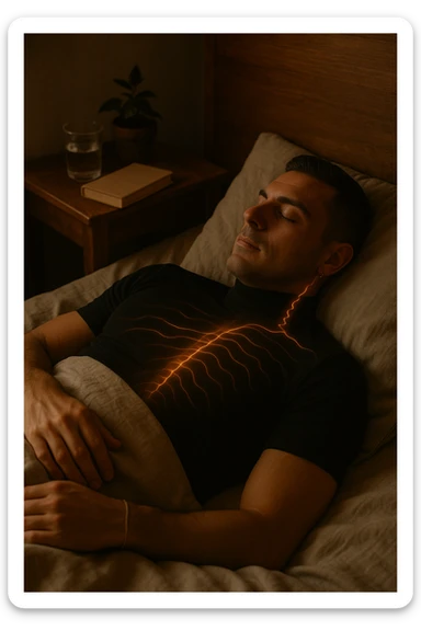 A cinematic close-up of a man in his early 30s sleeping peacefully on his back in a softly lit bedroom. His breathing is calm, chest rising slowly. The sheets are slightly crumpled, natural linen textures in warm beige tones. His face is relaxed, with faint light illuminating the side of his cheek and temple from a nearby window. Around his body, faint glowing lines follow the spine and head, symbolizing deep nervous system recovery and hormonal balance. On the nightstand: a glass of water, a book, and no electronics. The room is quiet and grounded, with natural elements like a small plant and a wooden headboard. Shot in 35mm cinematic style, with warm ambient tones, shallow depth of field, and a peaceful, healing atmosphere sticker