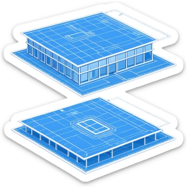 blue blueprint plan with white lines, perspective view showing both side and top sticker