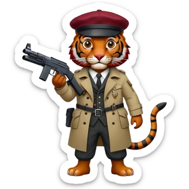 Black and dark red tiger wearing trench suit with Scottish cap and holding a SMG sticker