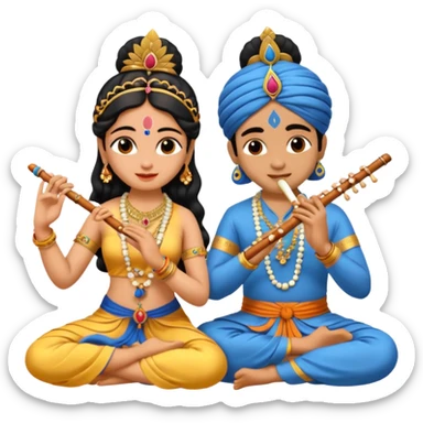 Radha and Krishna emoji, sitting together, Krishna playing flute, Radha listening, traditional Indian clothing sticker