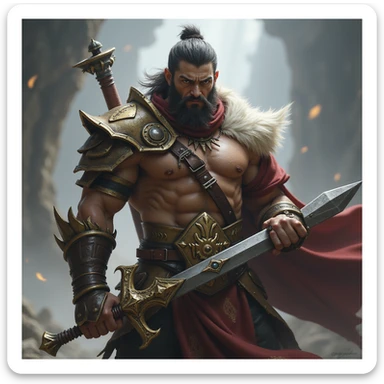 realistic fantasy style fierce League of Legends warrior with a weapon sticker