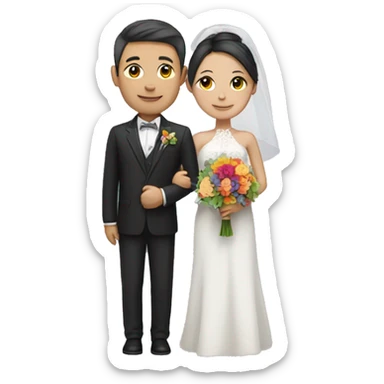 A loving white skin asian wedding couple with a multicolored bouquet  sticker
