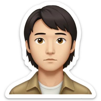 Asian man, dark brown curtain bang mullet, Mark Lee, NCT, expressive doe eyes, well-defined jawline and cheekbones. sticker