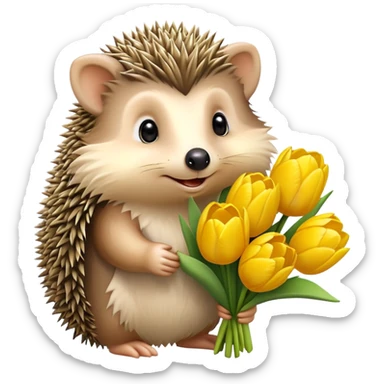 cute hedgehog holding a bouquet of yellow tulips sticker