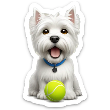 White highland terrier holding a tennis ball sticker