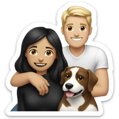 girl with white skin and black hair sitting next to tan guy with black hair smiling with a black and white dog and a brown dog  sticker