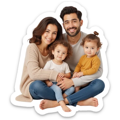 family photo with parents and three children posing closely, detailed lifelike features, soft neutral background, skeuomorphism style sticker
