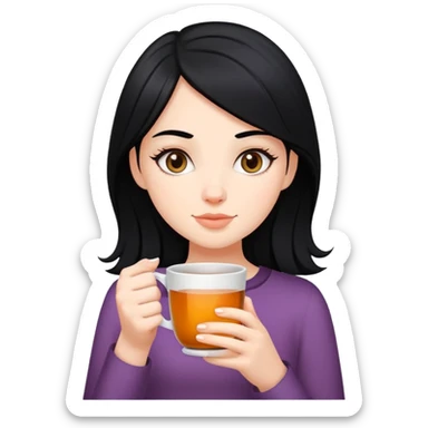 White girl with black hair holding tea sticker