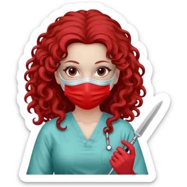Lilith symbol seductress long curly hair evil surgeon.  brown hair. Red surgical mask and hair covering. She works for cartel and kills  with a scalpel. sticker