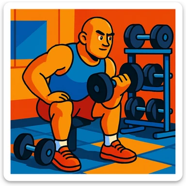 bald man lifting weights in gym setting, vibrant cartoon style sticker