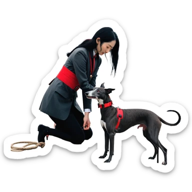 A very beautiful and attractive 25-year-old Japanese woman with long flowing black hair gently petting a SOLID DARK GREY whippet wearing a bright RED COLLAR on a beach at night under a starry sky. The woman's hand is lovingly stroking the whippet. The whippet MUST be COMPLETELY SOLID DARK GREY with ABSOLUTELY NO WHITE MARKINGS ANYWHERE - no white chest, no white face, no white paws, no white tip on tail - ENTIRELY ONE SOLID DARK GREY COLOR throughout the entire dog, but with a distinct red collar. Deep blue night sky filled with bright stars, moonlight reflecting on the ocean, sandy beach in the foreground. sticker