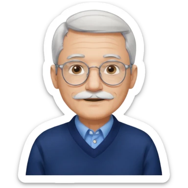 Style anchor + Senior male American, light skin, gray hair, silver round glasses, neat white mustache, navy sweater over blue collared shirt, calm. sticker
