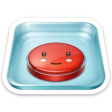 A big red round button under a square-shaped glass lid sticker