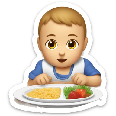 A baby eat his HELSI food in the chair for kids by the table  sticker