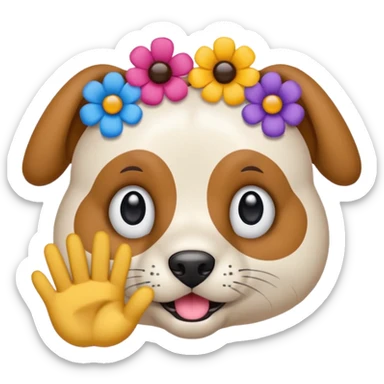 Un emoji con expresión tierna y tímida, ojos grandes y brillantes como de cachorro, con las mejillas apoyadas en las manos, y flores pequeñas de colores (rosas, azules y lilas) decorando la cabeza y los brazos. sticker