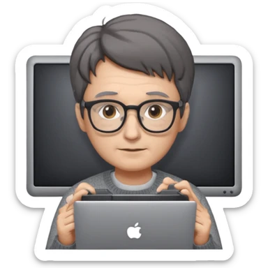 Profesor de pelo gris marrón oscuro con gafas un  jersey gris y un ordenador los óleos son marrones con poca cantidad de pelo sticker