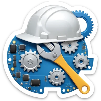 An icon featuring a gear, a wrench, and a blueprint, symbolizing engineering. The design includes a hard hat, a circuit board, and a ruler, representing problem-solving, design, and technological innovation across various engineering fields. Transparent background sticker