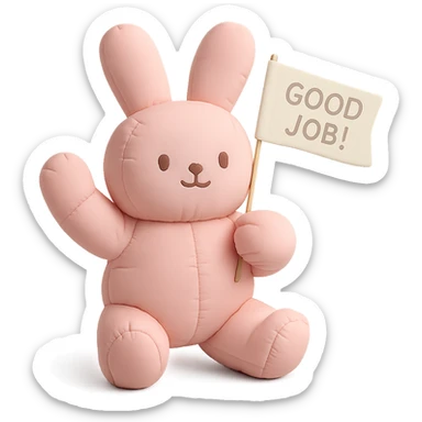 full-body baby pink bunny waving a 'Good Job!' flag, cushion style, transparent background, flag text clearly visible sticker