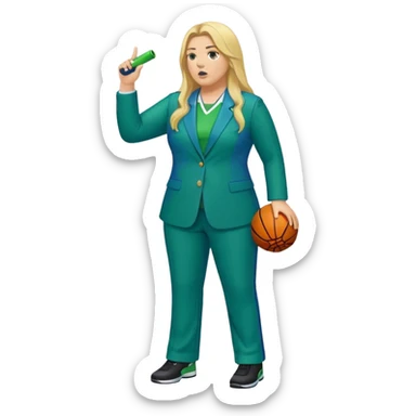 Full Body white plus size female basketball head coach using a whistle with long blonde hair in a blue and green suit sticker