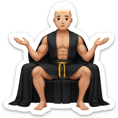 fullbody jacked bald guy, sleeveless and unbuttoned in black robe sitting sticker