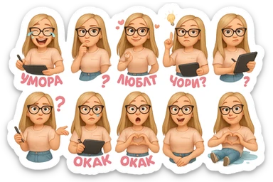 «Создай набор из 10 наклеек в стиле 3D cartoon  женского персонажа (30 лет выглядит моложе)  с прямыми светло русыми волосами ниже лопаток, светлой кожей, большими выразительными голубыми глазами, черные очки для зрения формы кошачий глаз, нос чуть с горбинкой.
Персонаж должен носить пастельную розово-бежевую тай дай футболку с вышивкой @ByUnicorn, голубые джинсы фасона мом, персонаж должен иметь разные выражения: смех до слез и подпись внизу пастельно-розовым текстом УМОРА, задумчивость, влюбленность (с сердцами вокруг головы) и надпись пастельно розовая ЛУБЛУ, злость с паром из носа и подписью внизу пастельно розовым текстом ТИЛЬТ, растерянность (со знаком вопроса) и подпись пастельно-розовым текстом ЧОРИЛ?, наличие идеи (с зажженной лампочкой), плач со слезами из глаз, удивление с открытым ртом и подписью пастельно розовым текстом ОКАК, создание сердца руками, лежит на спине раскинула руки и ноги в стороны в луже слез. Размер картинки не ограниченный, чтобы все наклейки вместились без обрезки. Стиль мультяшный  DreamWorks, мягкий свет, прозрачный фон, и добавь персонажу в руки графический планшет следи чтобы выглядело органично, красиво, не нарушая законы природы и физики, можешь добавить в другую руку перо от графического планшета, если это будет позволять смысл стикера» sticker