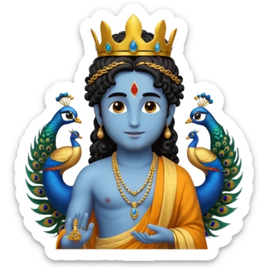 Create a Jesus, Krishna, and Buddha standing together. Krishna: bright blue skin, black curly hair tied in a small topknot, a tiny golden crown decorated with a peacock feather, wearing a yellow dhoti and light golden jewelry

 sticker