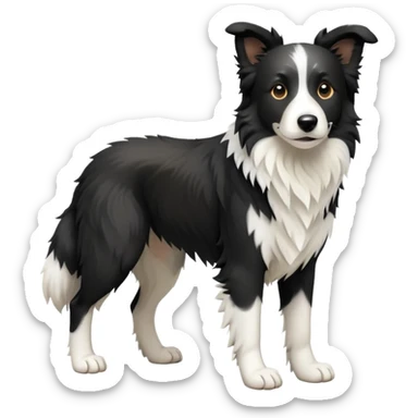 cinematic-[border collie dog]-realistic-full-body-sitting-emoji,-tail-resting-loosely-beside-its-paws,-head-tilted-dramatically,-scruffy-[black and white]-fur,-simplified-yet-realistic-focused-features,-highly-detailed,-glowing-with-an-almost-sarcastic-glow sticker