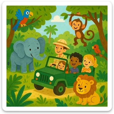 digital illustration of jungle safari in the style of children's story book sticker