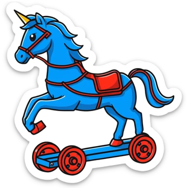 Fast running electric horse made of electricity, metal plates, bolts, visible blue and red wires, with lightning surrounding it sticker