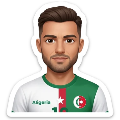 homme métisse algérien français peau claire 38 ans brun cheveux courts petite calvitie et barbe avec maillot foot Algérie sticker