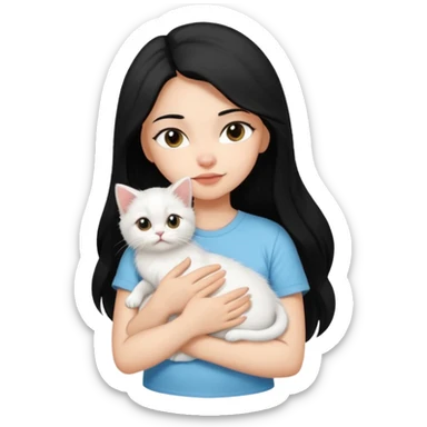 a girl with long dark black hair, in a white t-shirt, hugs a persian kitten 3 months old black and white one cat. emoji | AI Emoji Generator sticker