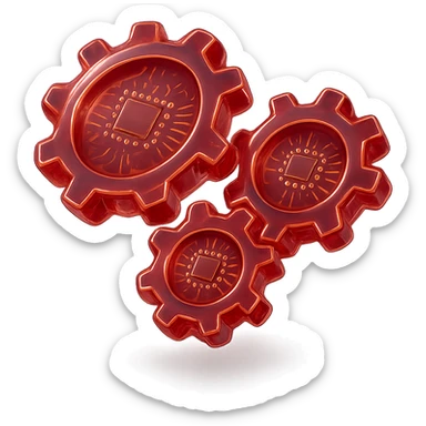Make the set of three round gears shiny and metallic in glossy circuit style, all in red color, with no background. sticker