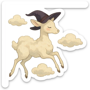 vanilla cloud doe, floating gracefully, rosy cheeks, witchy elegance, ghibli style sticker