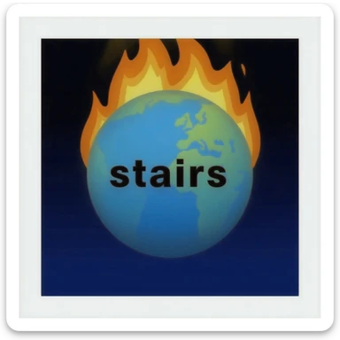 a blue burning planet in a realistic style that has "stairs" written on it in black letters sticker