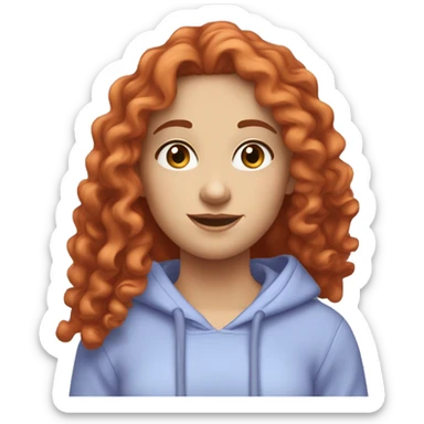 a white girl with long red curly hair, wearing a pastel periwinkle hoodie doing a pose sticker