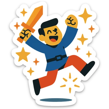 a cartoon figure jumping with joy after winning a battle, stars and sparkles around sticker